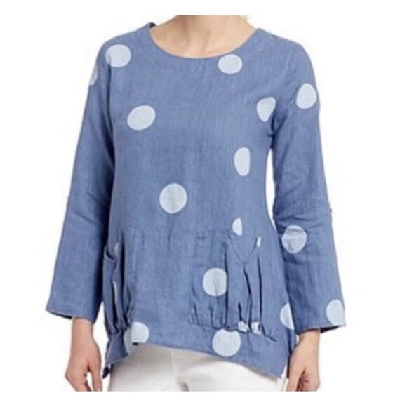 Ali Miles 100% Linen Blue Chambra Polka Dot Artsy Pointed Hem Tab Sleeve Top S - Picture 1 of 12
